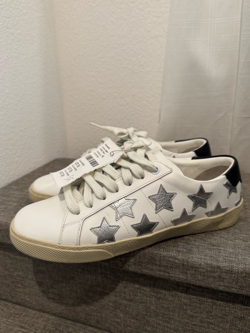 Saint Laurent White Leather Sneakers with Silver Star Accents and Black Heel Tab